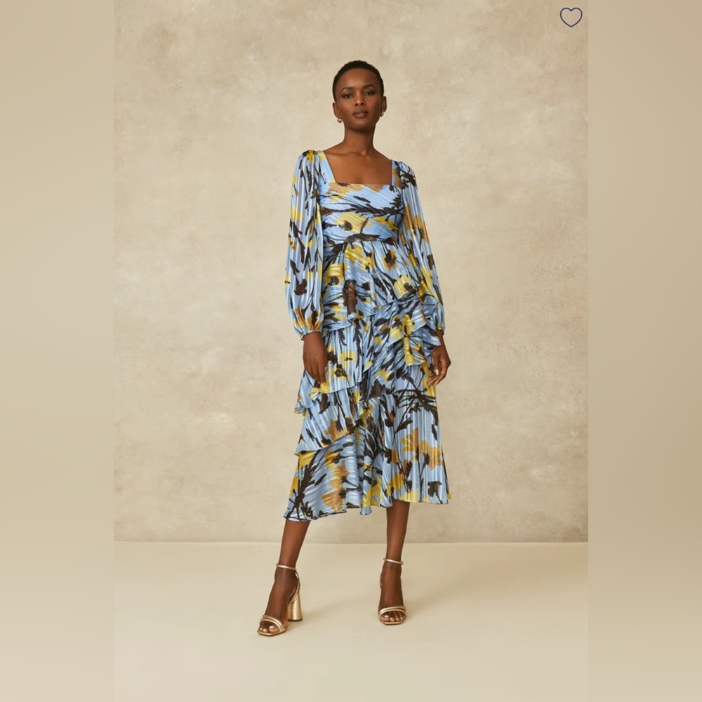 PEARL BY LELA ROSE Metallic Blue Floral Tiered Midi Dress